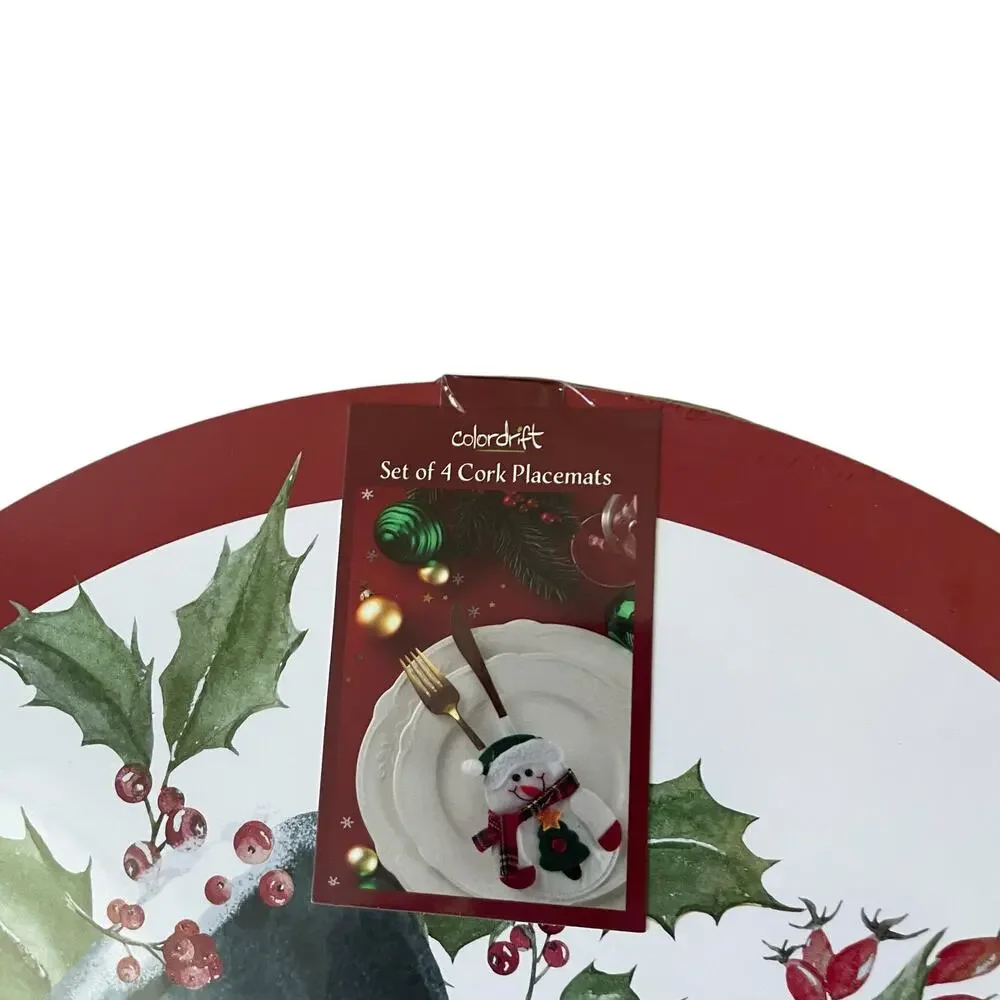 Christmas Cork Backed Hard Placemats 15in Holiday Snowman & Poinsettia 4pc New